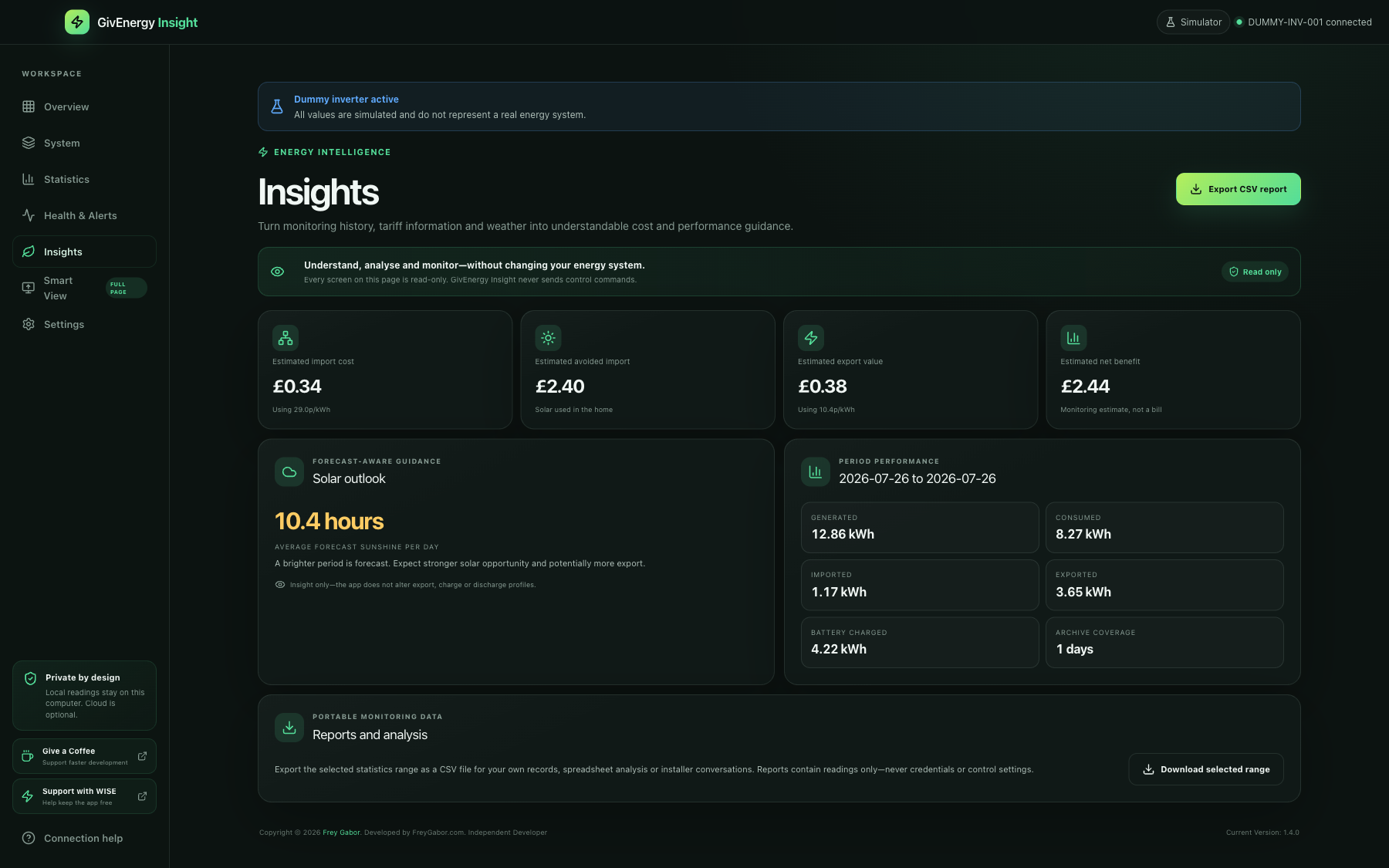 GivEnergy Insight 1.4.0 Insights with cost estimates, solar outlook and report export