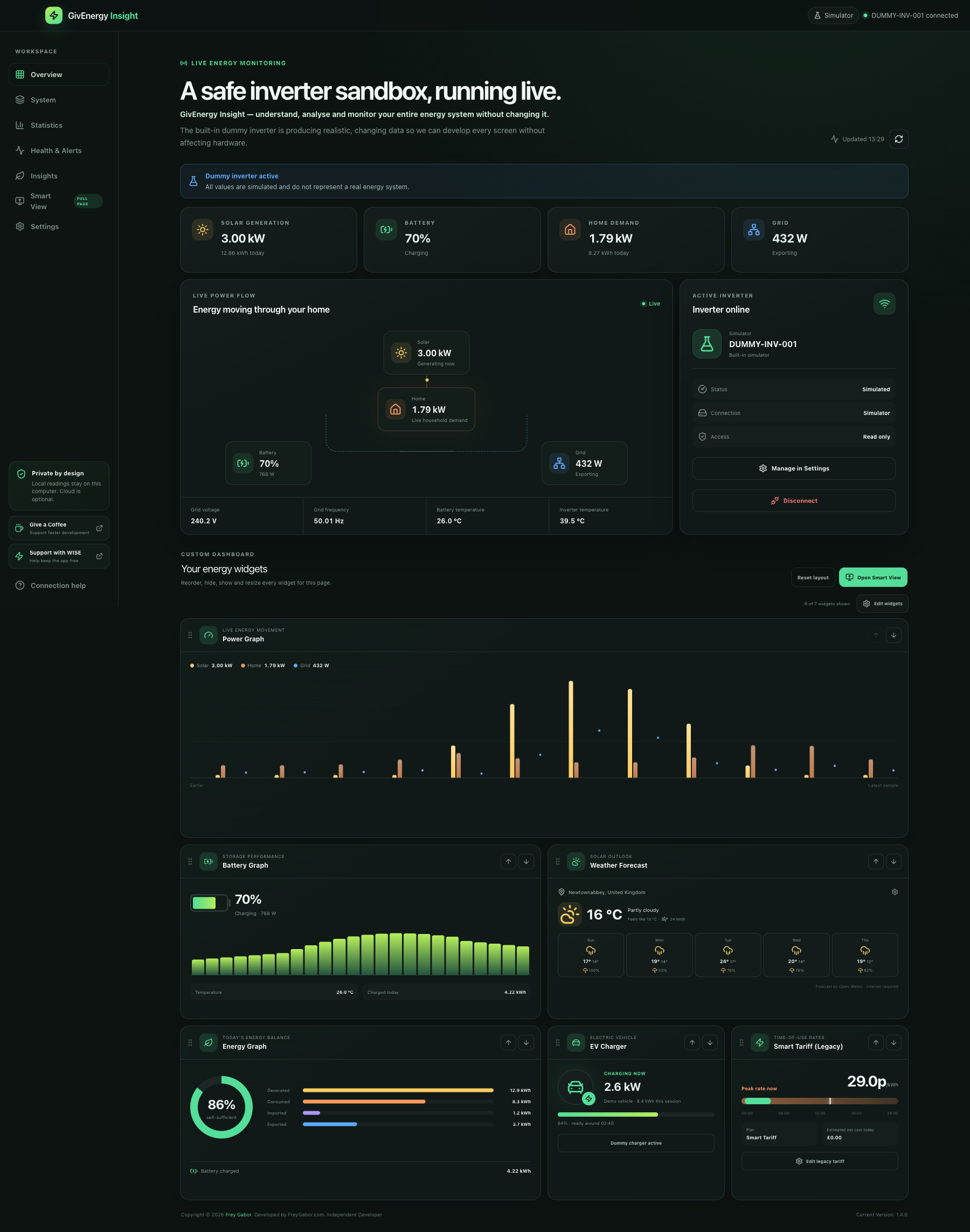 GivEnergy Insight 1.4.0 Desktop Overview with live power flow and energy widgets