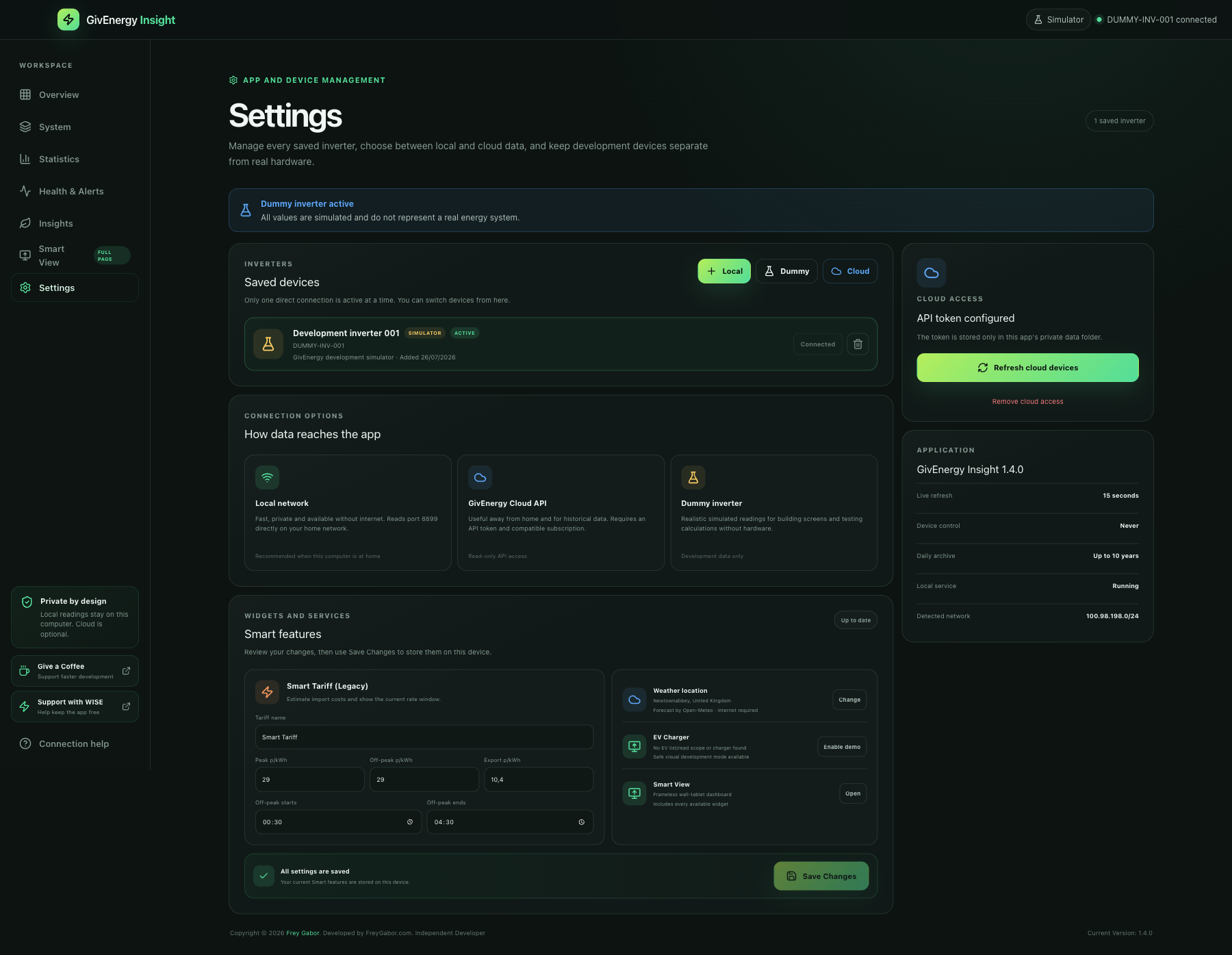 GivEnergy Insight 1.4.0 Settings with saved devices, cloud access and Smart features