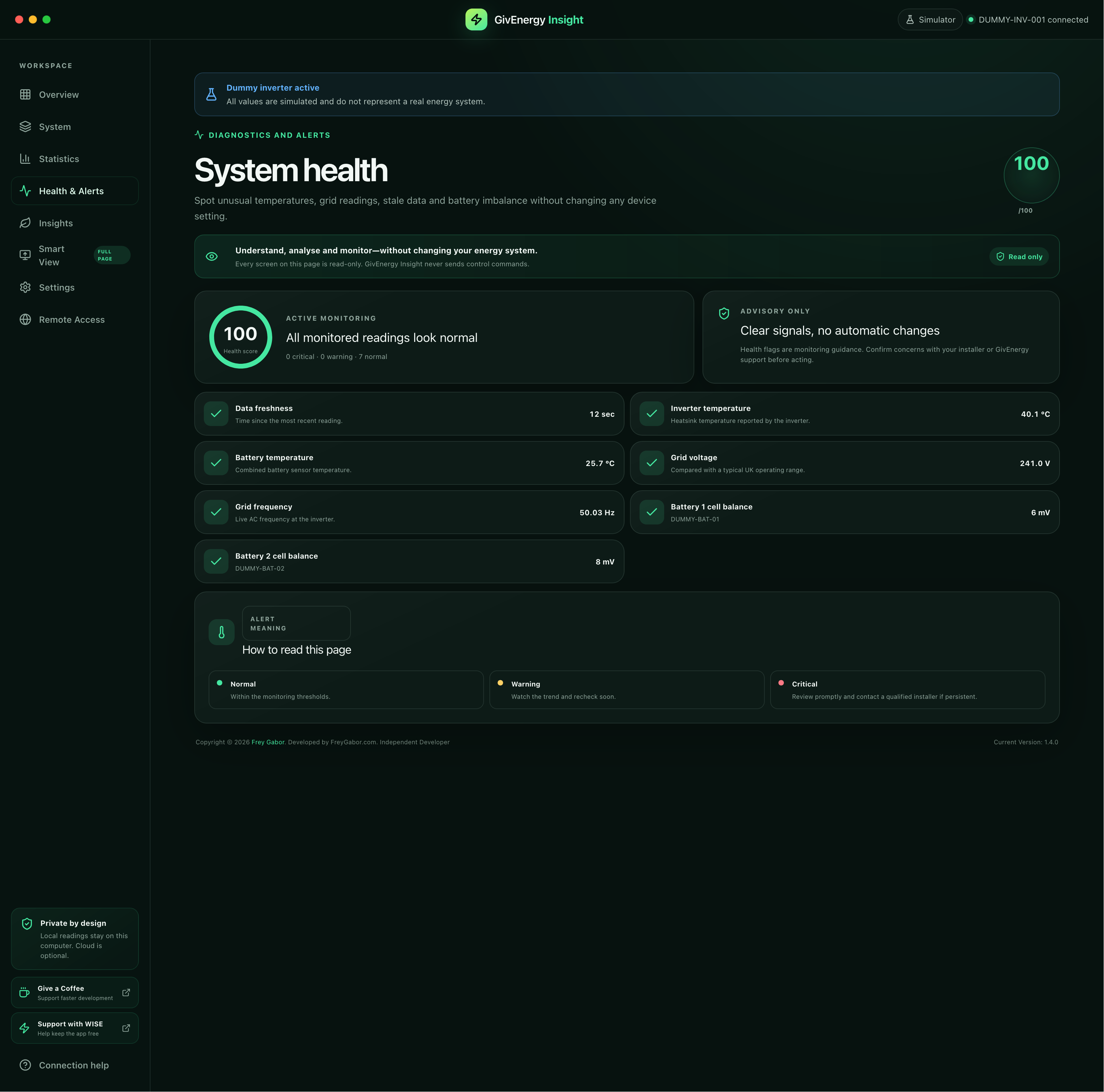 GivEnergy Insight 1.4.0 Health and Alerts running on Synology DSM