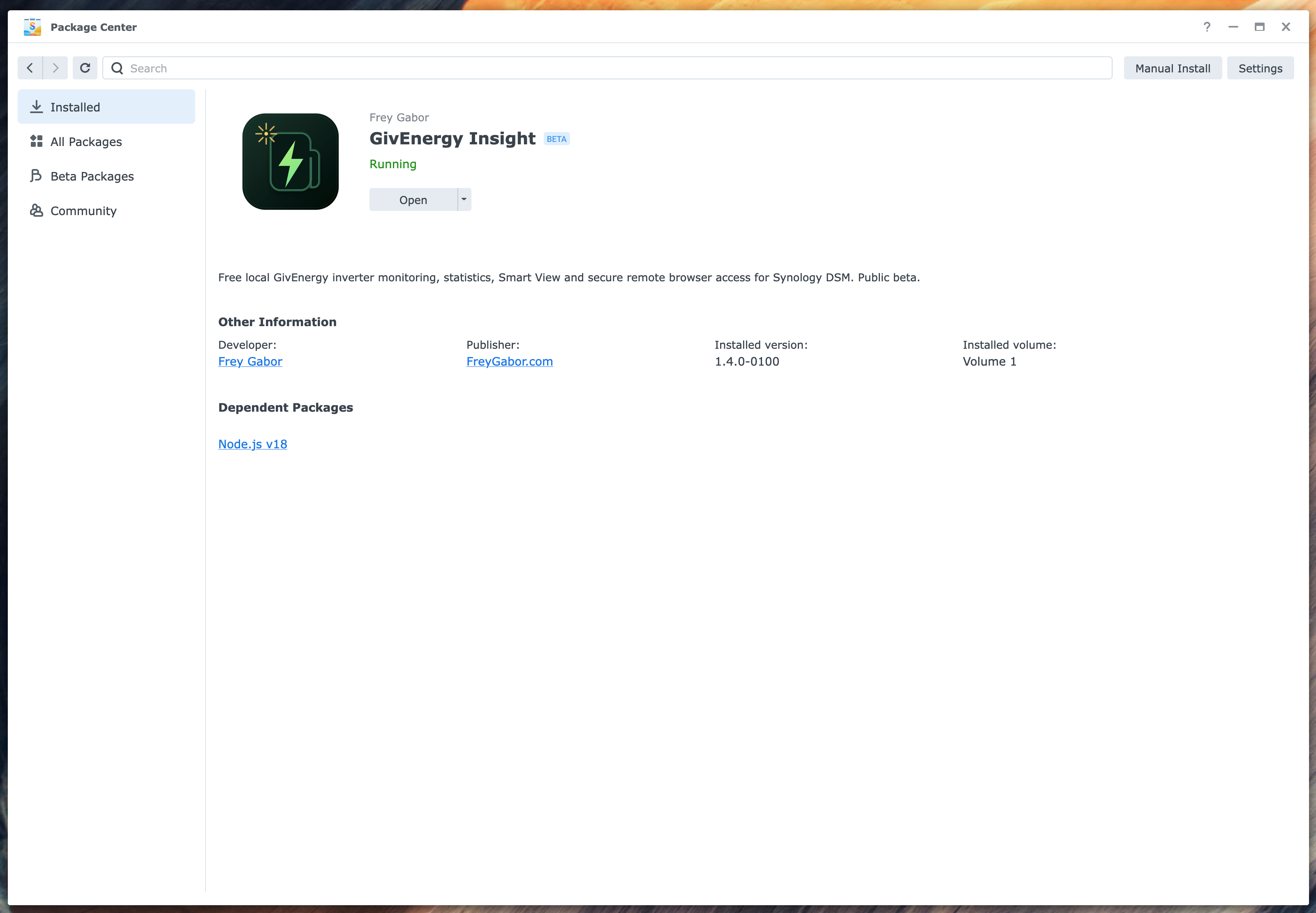 GivEnergy Insight 1.4.0 installed and running in Synology Package Center
