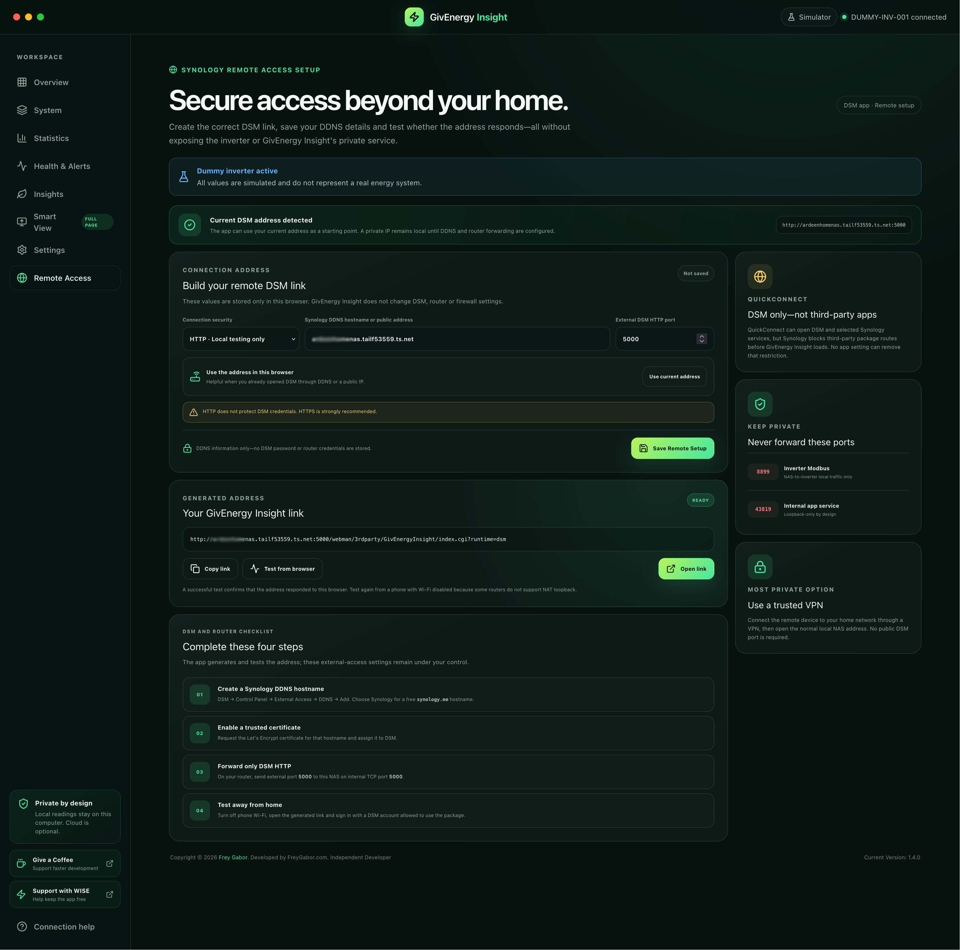 GivEnergy Insight 1.4.0 Synology Remote Access Setup page