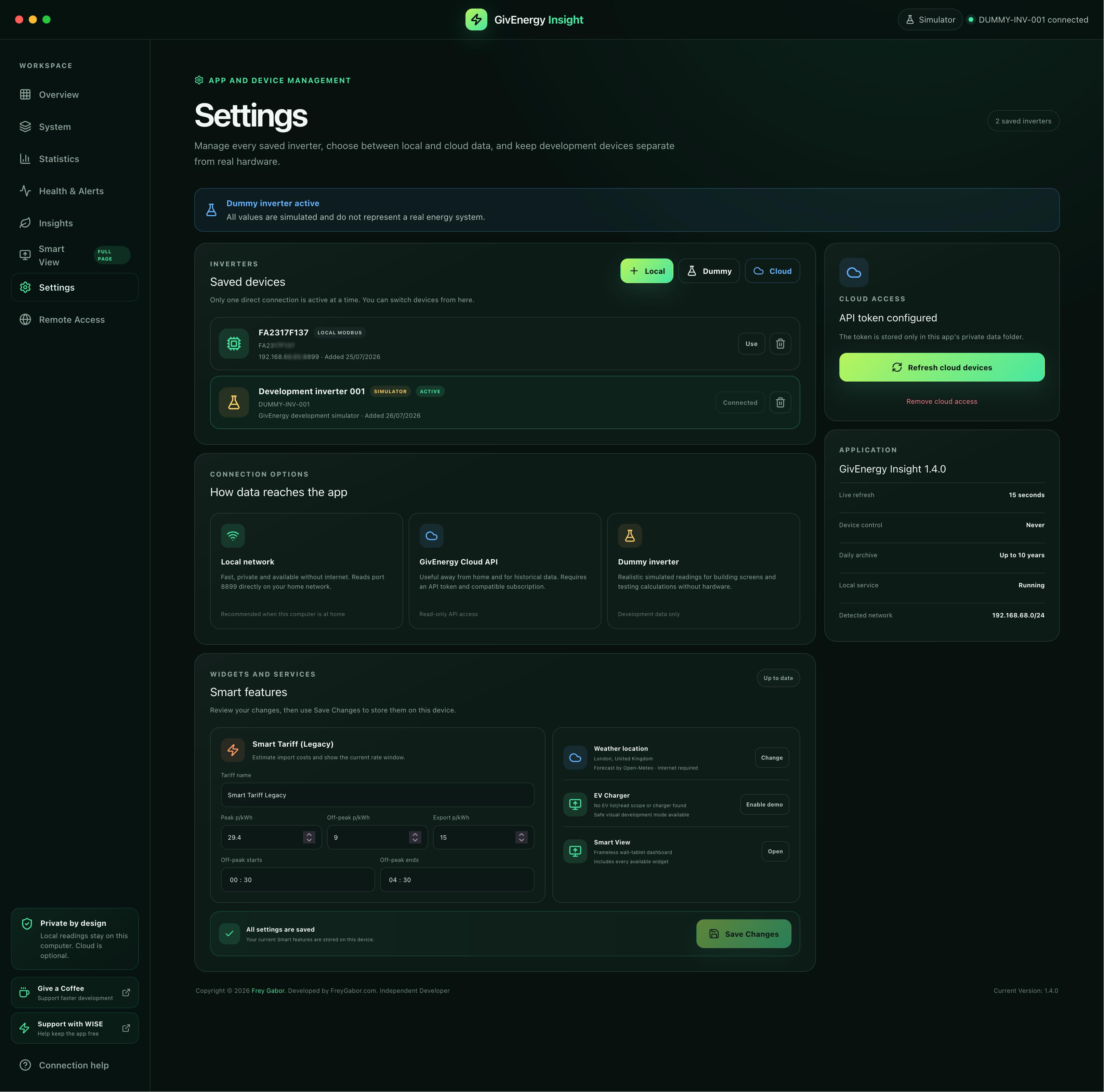 GivEnergy Insight 1.4.0 Settings running on Synology DSM